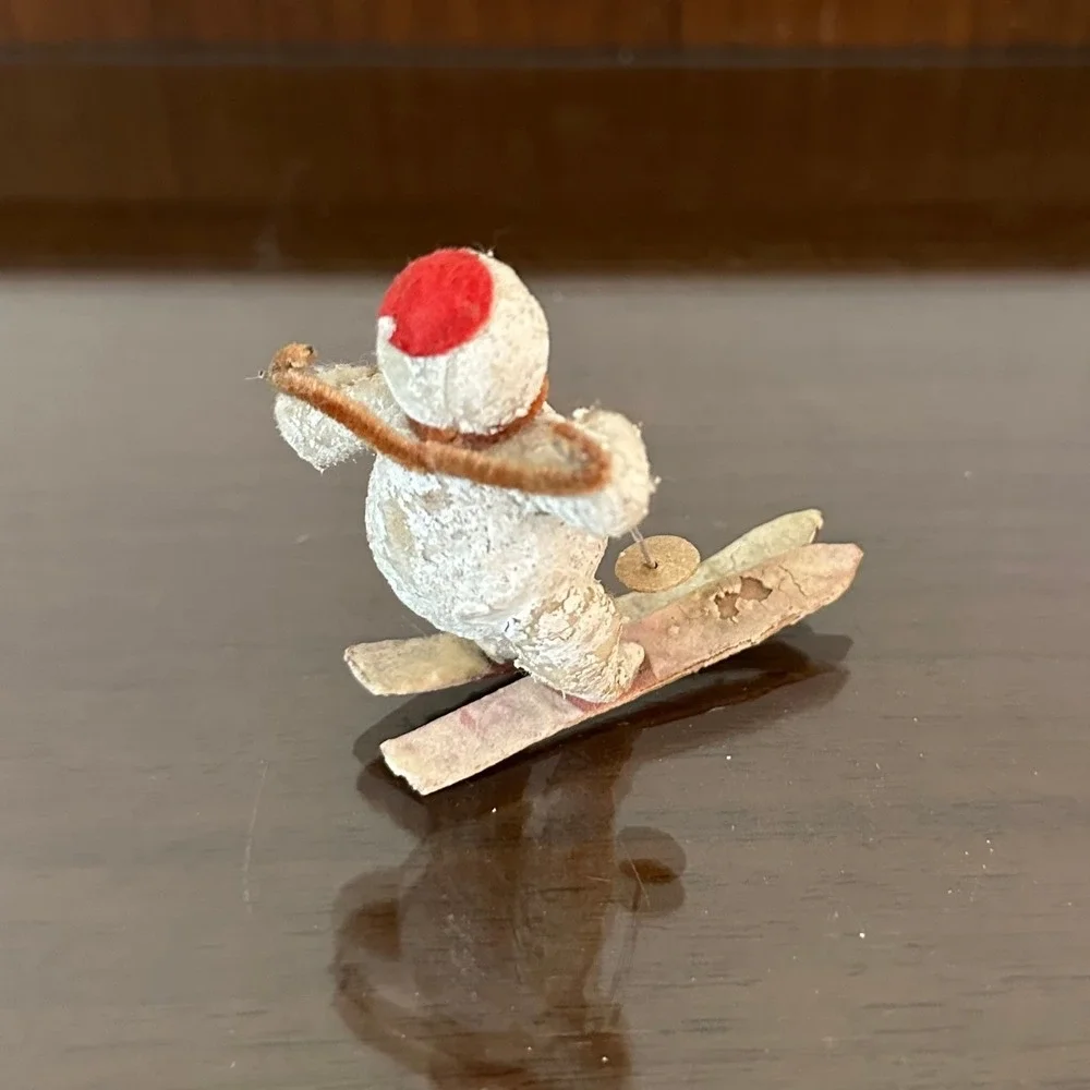 Vintage Putz Mache Snowman Skier Figurine Miniature Christmas Ornament 2.5